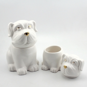 witte keramische hondenkoekjespotjes met goudverf